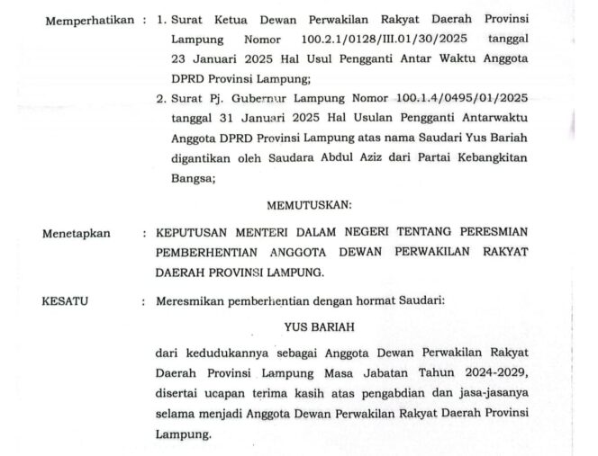 
					Yusbariah Anggota DPRD Lampung Resmi di Berhentikan, Abdul Aziz Penggantinya